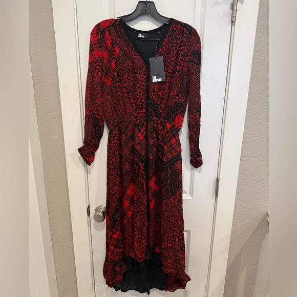 The Kooples Red & Black Mixed Print V-Neck Midi Dress NWT Size L - Picture 3 of 10